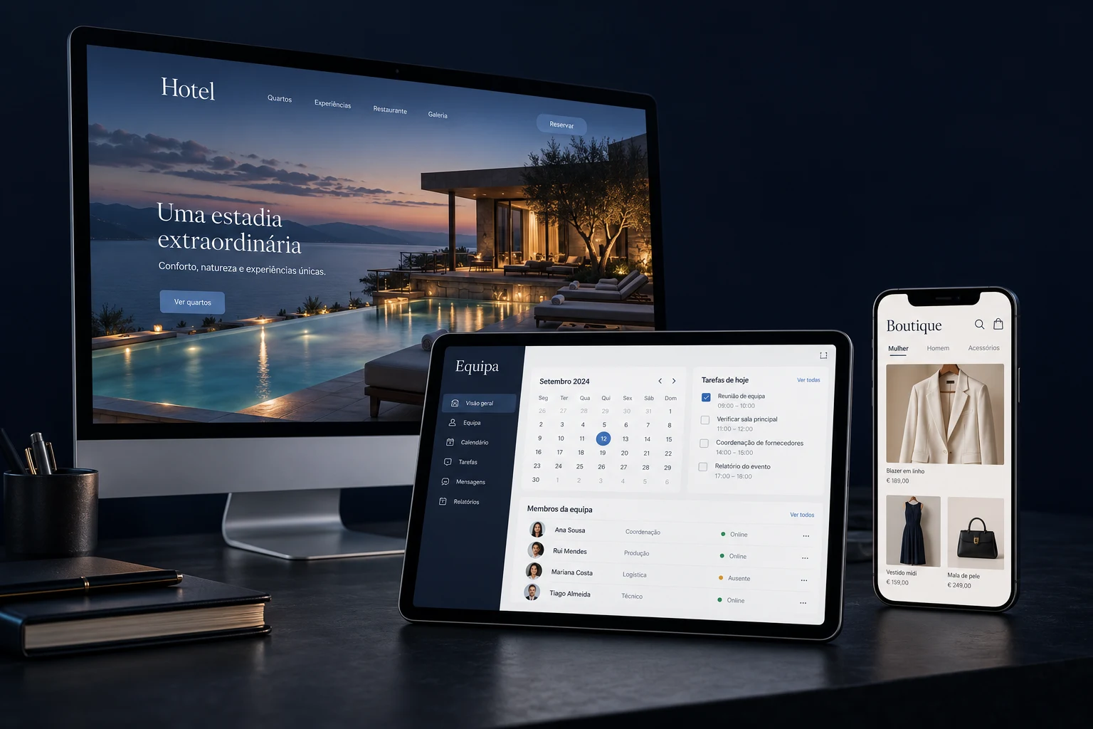 Montagem fotorealista de computador com website de hotel, telemóvel com app de clientes de boutique e tablet com gestão interna de auditório, sobre uma secretária.