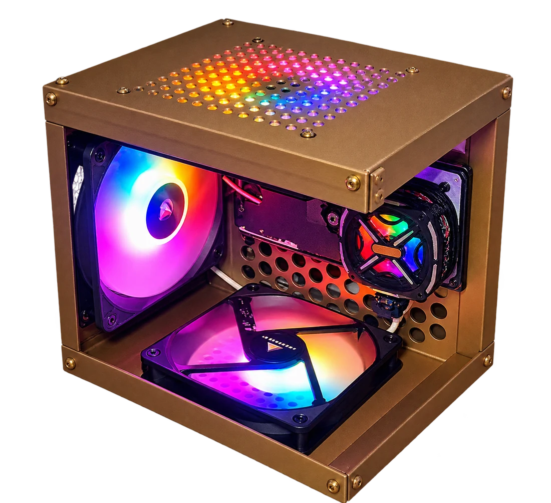 Modelo de acabamento bronze com ventoinhas RGB e componentes visíveis; imagem tratada com IA