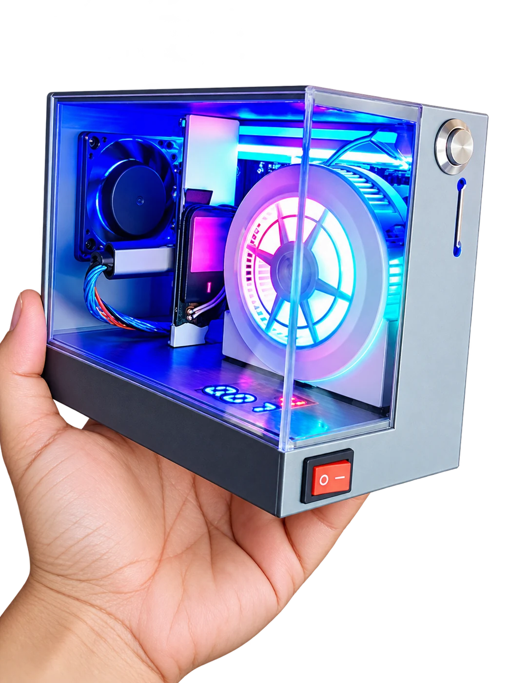 Modelo prateado com caixa transparente e iluminação RGB, apoiado numa mão; imagem tratada com IA